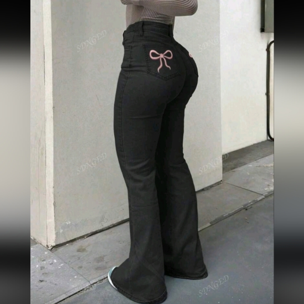 Black Flared Jeans with Pink Bow Detail